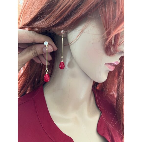 Red drop earrings red gold earrings teardrop chandelier long earrings rhinestone - Picture 2 of 8